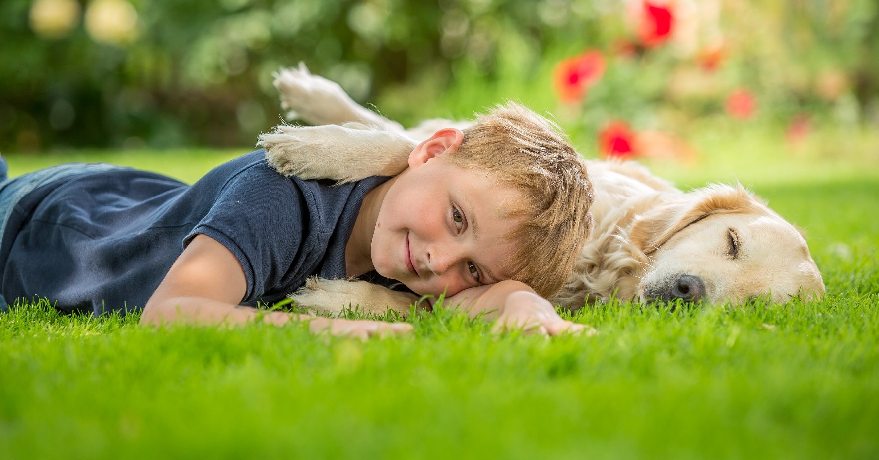 Kind mit Hund im Rasen