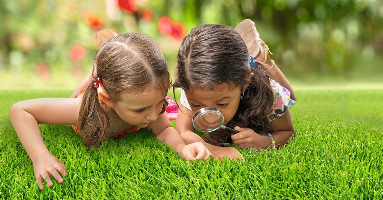 Zwei Kinder kontrollieren mit der Lupe, ob Unkraut im Rasen bekämpft werden muss